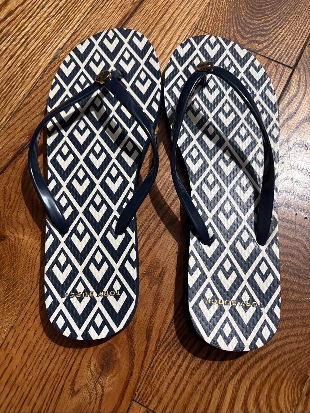 Tory Burch Navy and White Geometric Flip Flop Sandals
